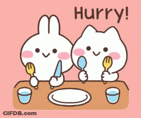 A Rabbit And A Cat Are Sitting At A Table With Utensils And The Words Hurry Written Above Them . GIF