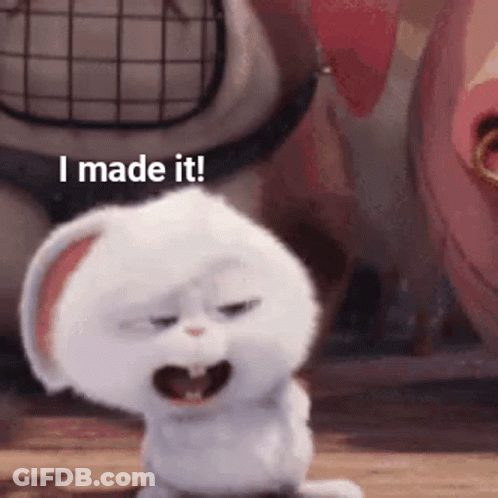 A Rabbit From The Secret Life Of Pets Is Making A Funny Face And Says `` I Made It ! '' GIF