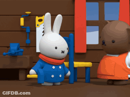 A Rabbit In A Blue Coat Is Standing Next To A Brown Bear GIF