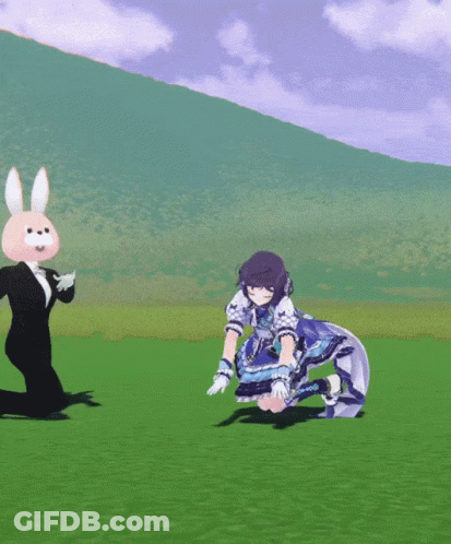 A Rabbit In A Tuxedo Stands Next To A Girl On The Ground GIF