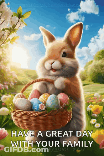 A Rabbit Is Holding A Basket Full Of Easter Eggs GIF