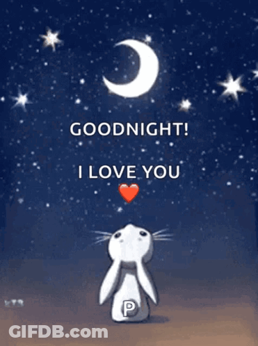 A Rabbit Is Looking At The Moon With The Words Goodnight I Love You Above It GIF