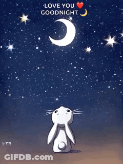 A Rabbit Is Looking Up At The Moon With The Words Love You Goodnight GIF