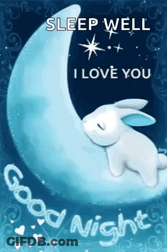 A Rabbit Is Sleeping On A Crescent Moon With The Words `` Sleep Well I Love You '' Written On It . GIF
