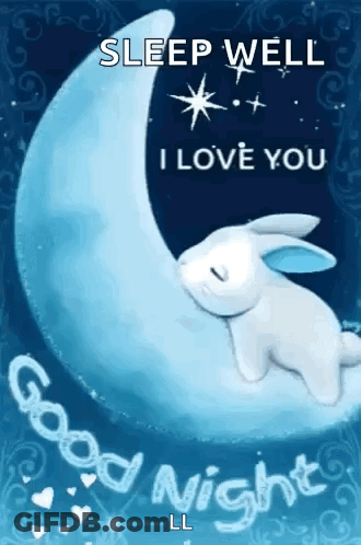 A Rabbit Is Sleeping On A Crescent Moon With The Words `` Sleep Well I Love You '' Written On It . GIF