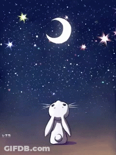 A Rabbit Looking Up At A Crescent Moon And Stars GIF