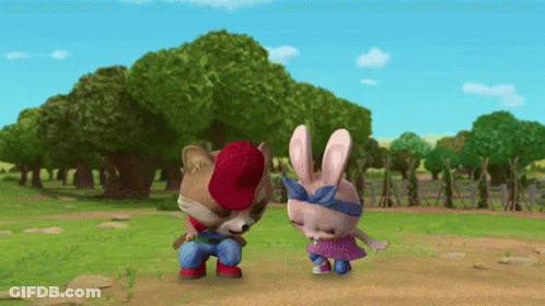A Raccoon And A Rabbit Are Standing Next To Each Other GIF