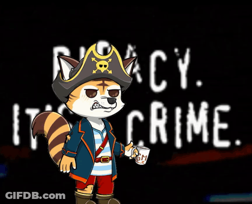 A Raccoon In A Pirate Costume Is Holding A Cup In Front Of A Sign That Says " Privacy Crime " GIF