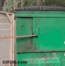 A Raccoon Is Sitting In A Green Trash Can On A Leash . GIF