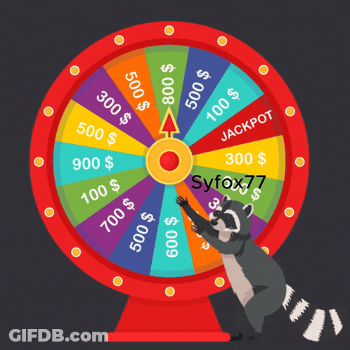 A Raccoon Is Standing In Front Of A Spinning Wheel That Says Syfox 77 On It GIF