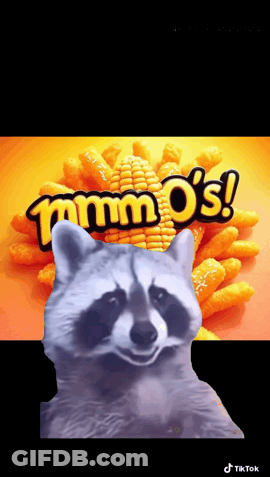 A Raccoon Is Standing In Front Of An Advertisement For Mmmm Os GIF