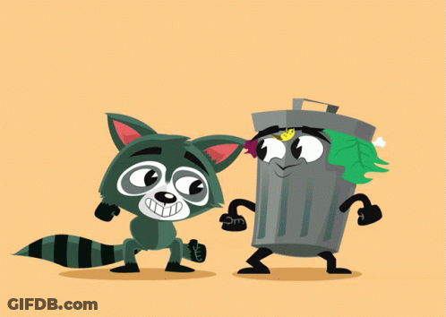 A Raccoon Is Standing Next To A Trash Can With A Leaf On Its Head GIF