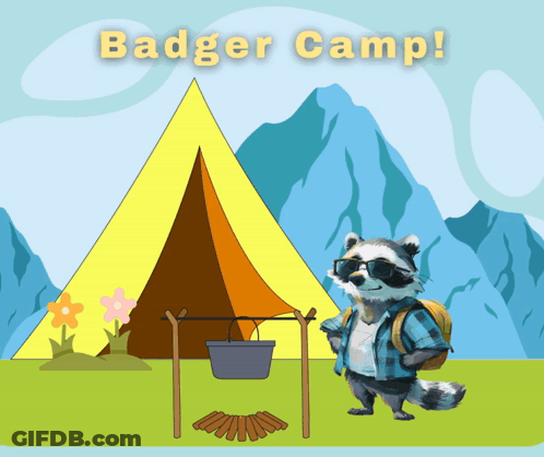 Raccoon Standing In Front Of Tent With Badger Camp Text GIF