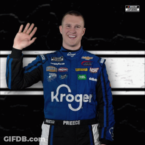 A Race Car Driver Wearing A Blue And Black Kroger Suit GIF