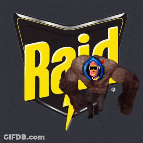 A Raid Logo With A Pixelated Monster In The Background GIF