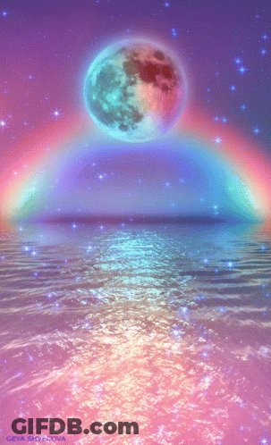 A Rainbow And A Full Moon Over A Body Of Water With The Name Geya On The Bottom GIF