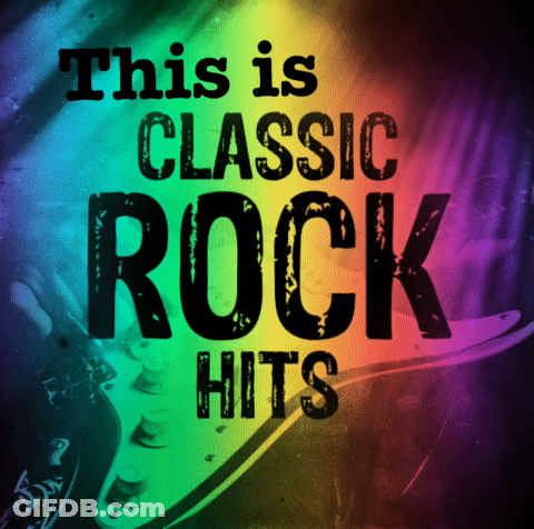 A Rainbow Background With The Words This Is Classic Rock Hits GIF