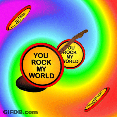 A Rainbow Colored Background With A Guitar And A Sign That Says You Rock My World GIF