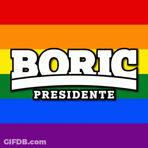 A Rainbow Colored Background With The Word Boric Presidente GIF