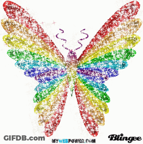 A Rainbow Colored Butterfly With The Words Blingee On The Bottom GIF