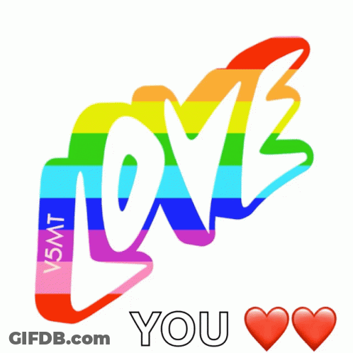 A Rainbow Colored Love You Sign With Two Hearts GIF