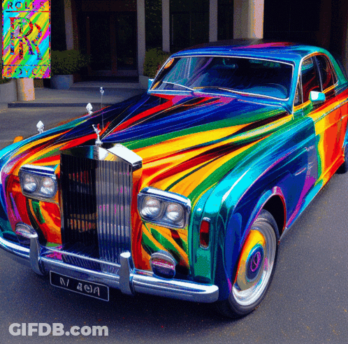 A Rainbow Colored Rolls Royce Car Is Parked In Front Of A Building GIF