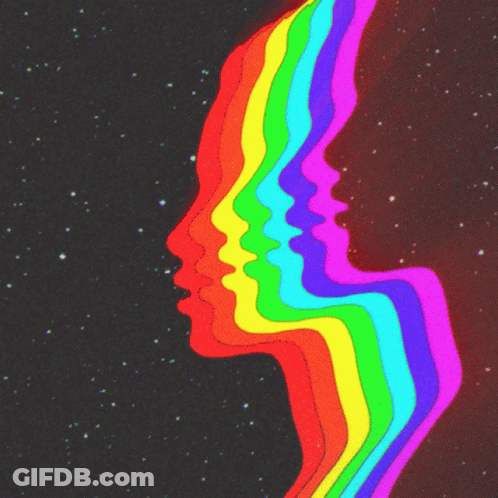 A Rainbow Colored Silhouette Of A Face Against A Dark Background GIF