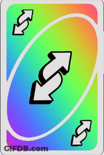 A Rainbow Colored Uno Card With Two White Arrows Pointing In Opposite Directions GIF