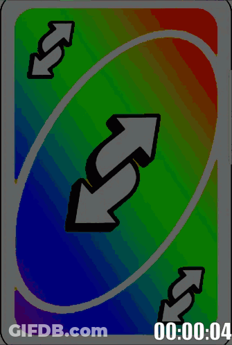 A Rainbow Colored Uno Card With Two White Arrows Pointing In Opposite Directions GIF