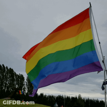 A Rainbow Flag Is Flying In The Wind Against A Cloudy Sky GIF