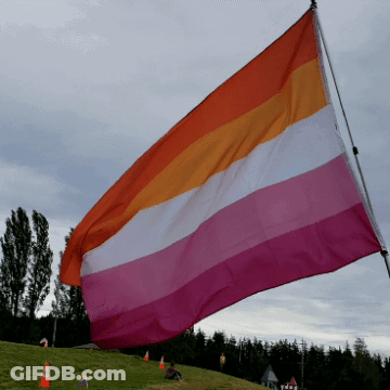 A Rainbow Flag Is Flying In The Wind On Top Of A Grassy Hill GIF