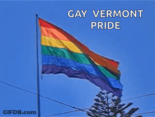 A Rainbow Flag Is Waving In The Wind With The Words Gay Vermont Pride Above It GIF