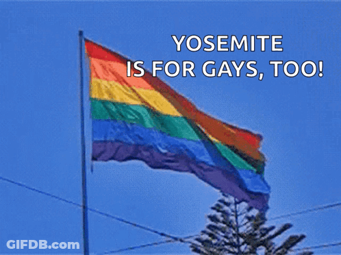A Rainbow Flag With The Words Yosemite Is For Gays Too Written Above It GIF