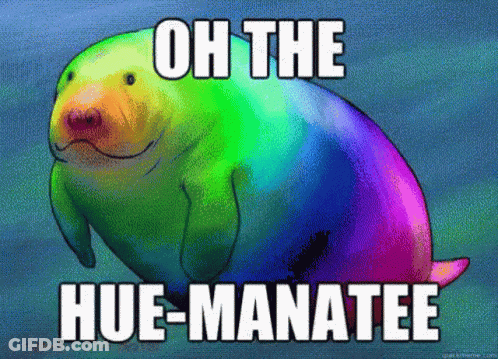 A Rainbow Sea Otter With The Words Oh The Hue-Manatee GIF