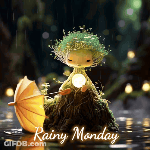 A Rainy Monday Poster With A Fairy Holding An Umbrella In The Rain GIF