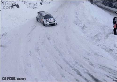 A Rally Car Is Driving Through The Snow And The Bottom Of The Screen Says 4Gifs.com GIF