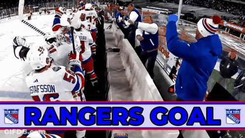 A Rangers Goal Banner Is Displayed In Front Of A Hockey Game GIF