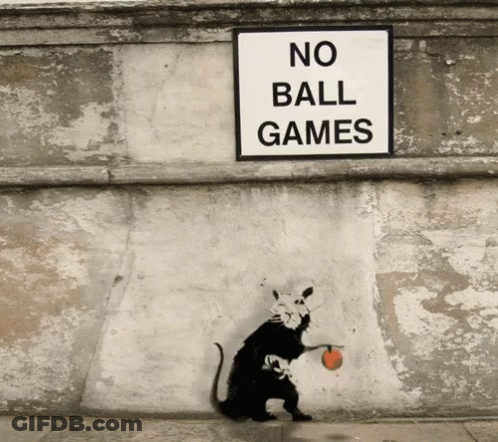 A Rat Is Holding A Ball Under A No Ball Games Sign GIF