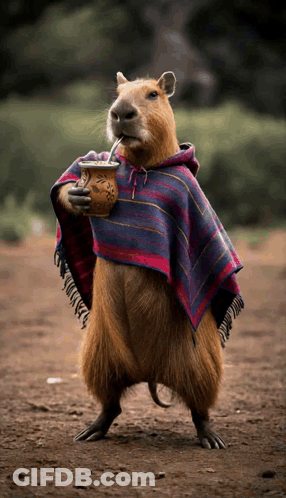 A Rat Wearing A Poncho Drinking From A Cup GIF