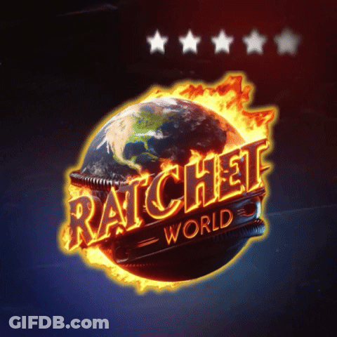 A Ratchet World Logo With A Burning Globe In The Center GIF