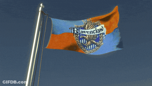 A Ravenclaw Flag Is Waving In The Wind Against A Blue Sky GIF