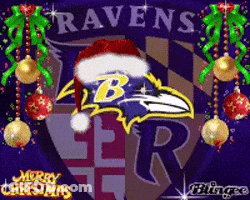 A Ravens Logo With A Santa Hat And Christmas Ornaments GIF