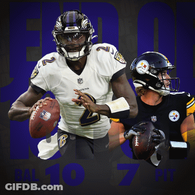 A Ravens Player Is Running With A Football And A Pittsburgh Player Is Behind Him GIF