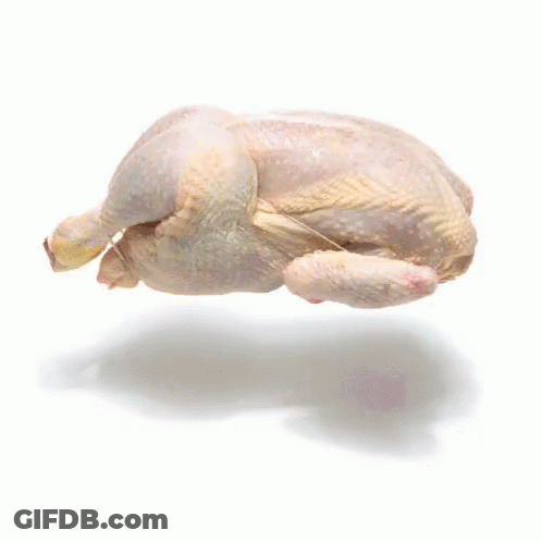 A Raw Chicken Is Floating In The Air Against A White Background GIF