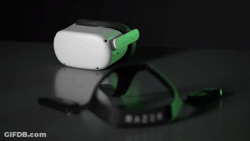 A Razer Adjustable Headstrap For Meta Quest 2 Sits On A Table GIF