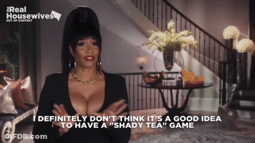 A Real Housewives Advertisement Shows A Woman Talking About A Shady Tea Game GIF