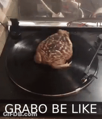 A Record Player With A Piece Of Meat On It And The Words Grabo Be Like Above It GIF