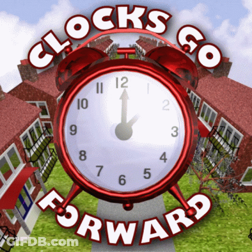 A Red Alarm Clock With The Words " Clocks Go Forward " Above It GIF