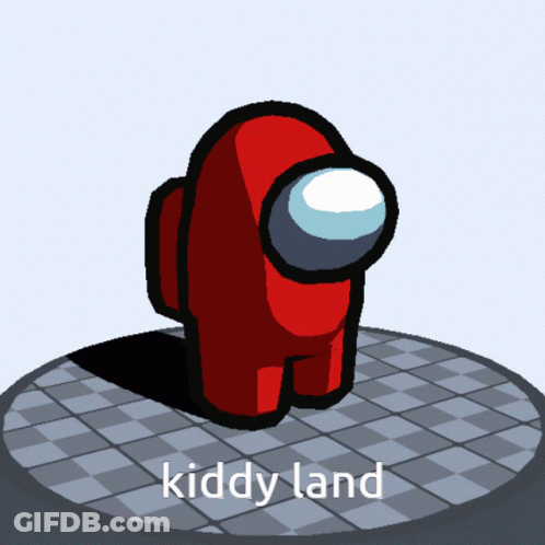 A Red Among Us Character Is Standing On A Checkered Surface With The Words Kiddy Land Below It GIF