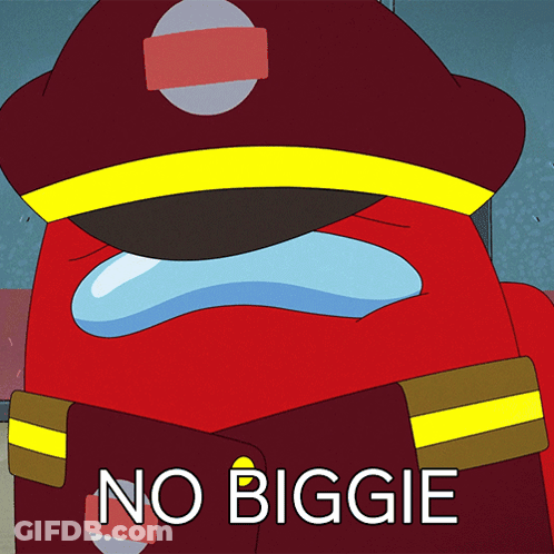 A Red Among Us Character Is Wearing A Fireman 'S Hat And Says " No Biggie " On The Bottom GIF